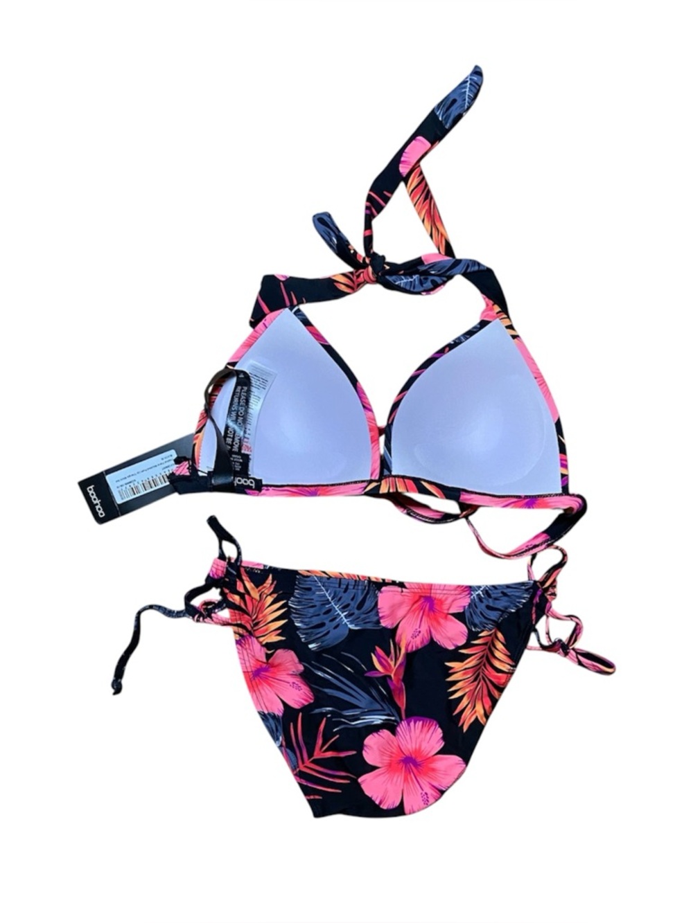 Boohoo Tropical Floral Moulded Push Up Triangle Bikini Set Size 6 NWT Black Pink - Picture 4 of 6